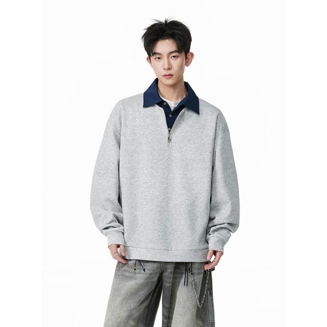 purplelouve-Mock Two-Piece Collared Two Tone Half-Zip Sweatshirt
