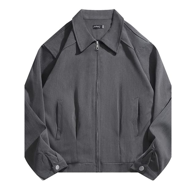 purplelouve-Plain Collared Zip Jacket