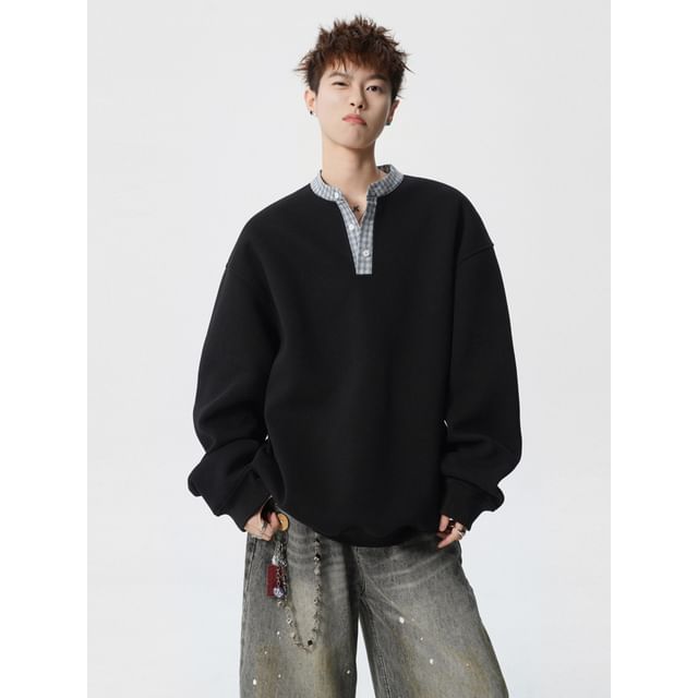 purplelouve-Stand Collar Plaid Panel Sweatshirt
