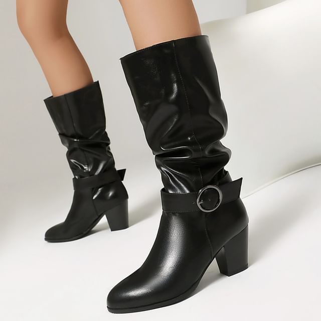 Queen Zoo-Buckled Block Heel Mid Calf Boots