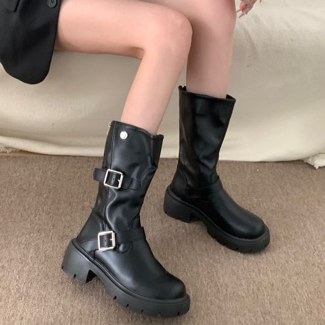 Queen Zoo-Buckled Platform Chunky Heel Mid-Calf Boots