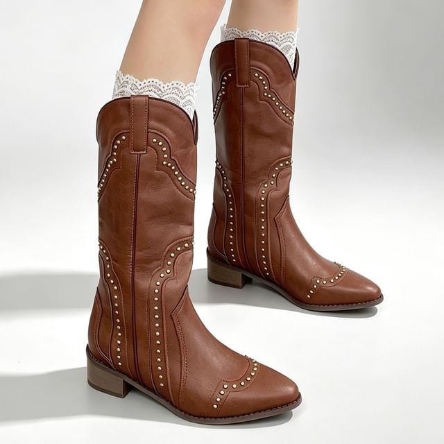 Queen Zoo-Low Heel Studded Long Cowboy Boots