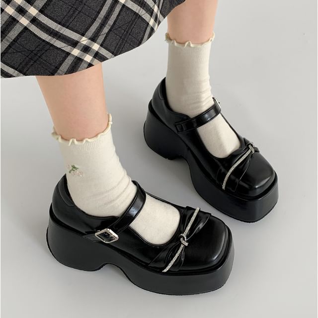 Queen Zoo - Platform Bow Rhinestone Faux Leather Mary Jane Shoes | YesStyle