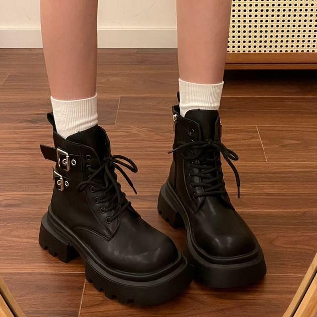 Queen Zoo-Platform Buckled Lace Up Short Boots