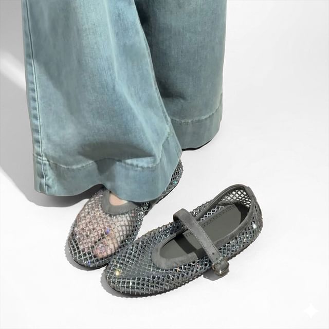 Queen Zoo-Round Toe Glitter Mesh Mary Jane Flats