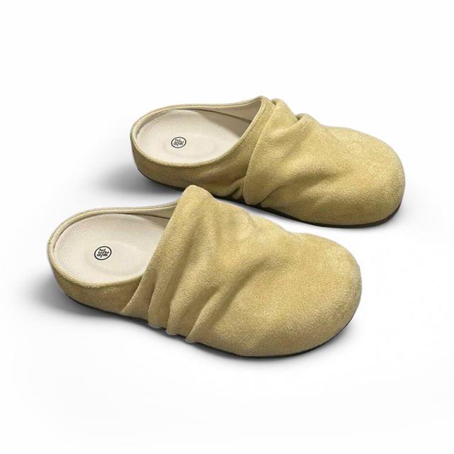Queen Zoo-Shirred Faux Suede Mules