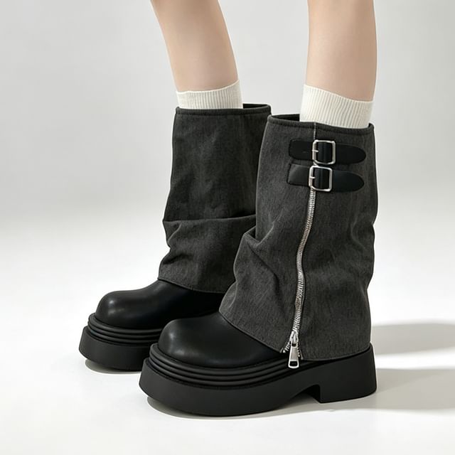 Queen Zoo-Zip-Up Side Denim Panel Platform Mid Calf Boots