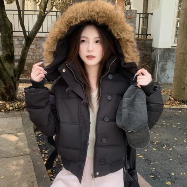 Quolove-Stand Collar Plain Fluffy Trim Hood Button Zip Puffer Jacket