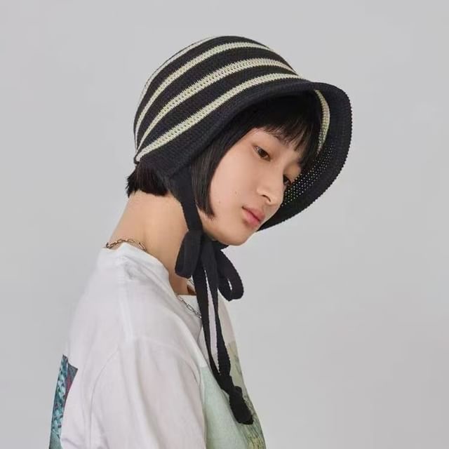 Raconteur-Striped Knit Bonnet Hat