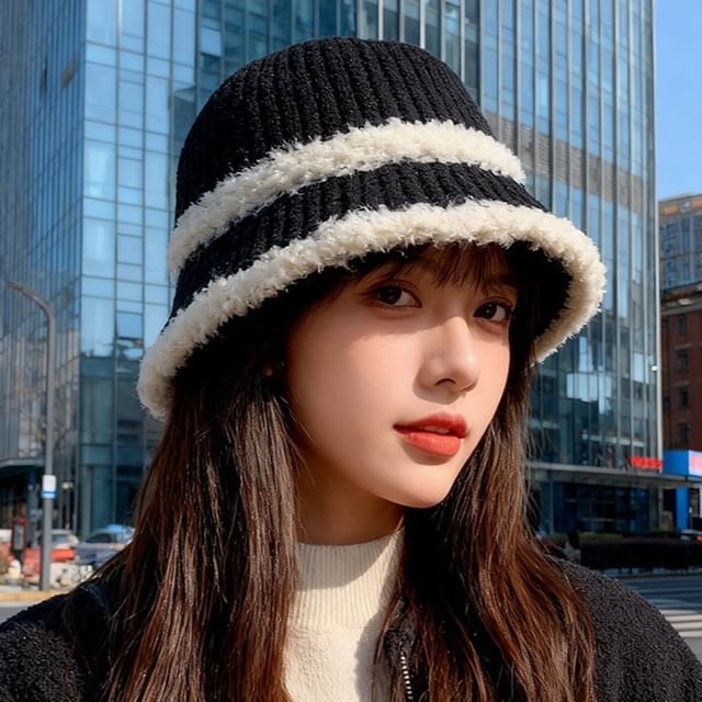 Raconteur-Two Tone Ribbed Knit Cloche Hat