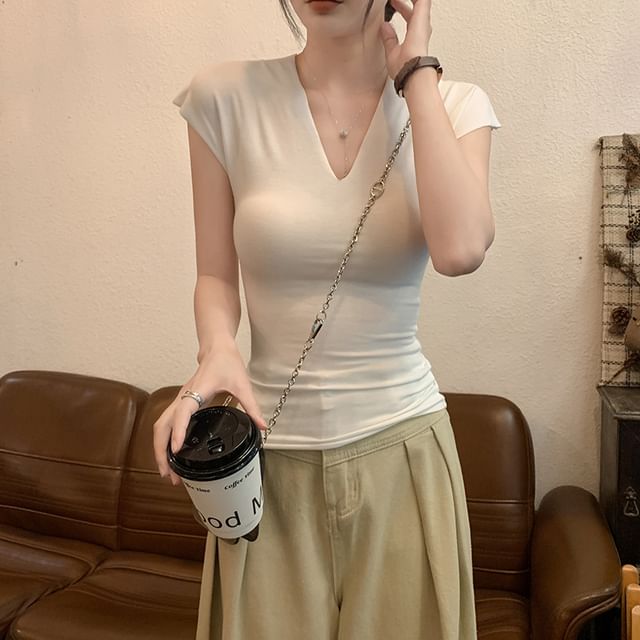 Racoon-Cap Sleeve V-Neck Plain Top