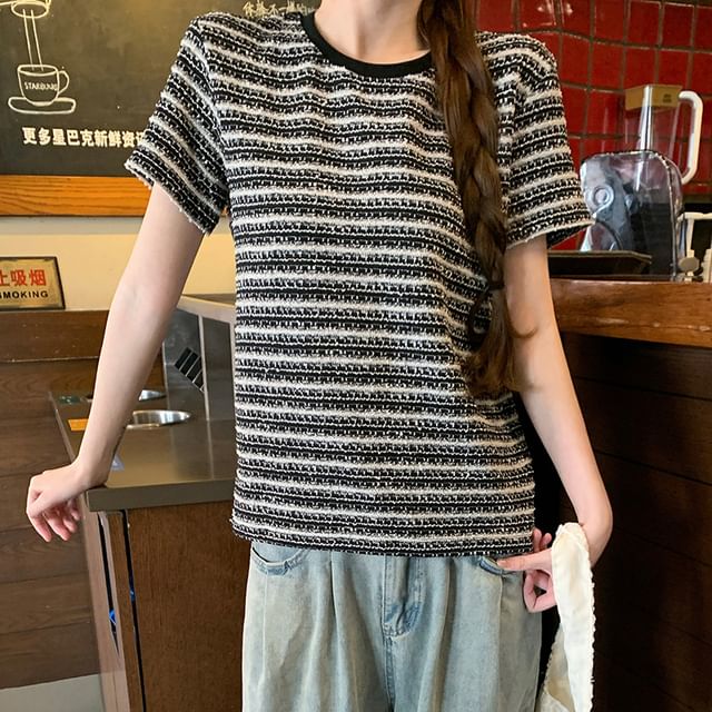 Racoon-Short Sleeve Crew Neck Melange Top
