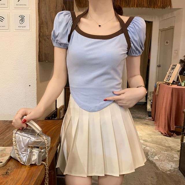 Racoon-Short Sleeve Halter Two Tone Top