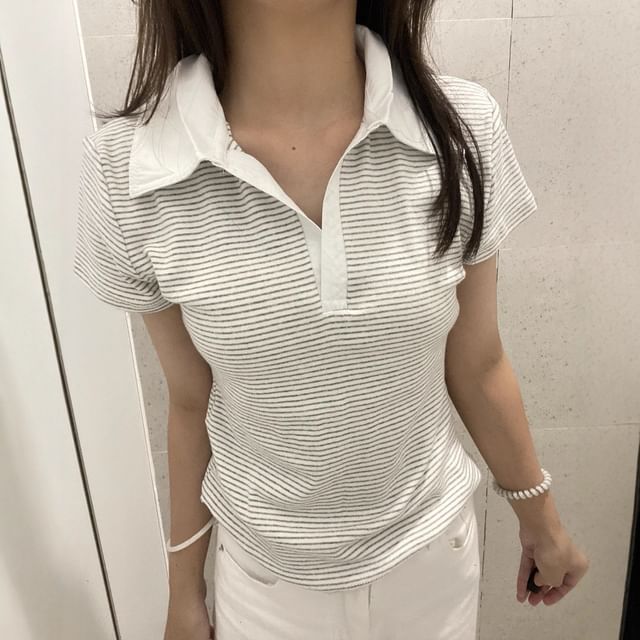 Racoon-Short Sleeve Striped Panel Polo Shirt