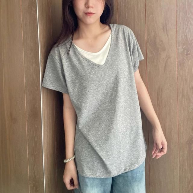 Racoon-Short Sleeve V-Neck Mock Two Piece Tee