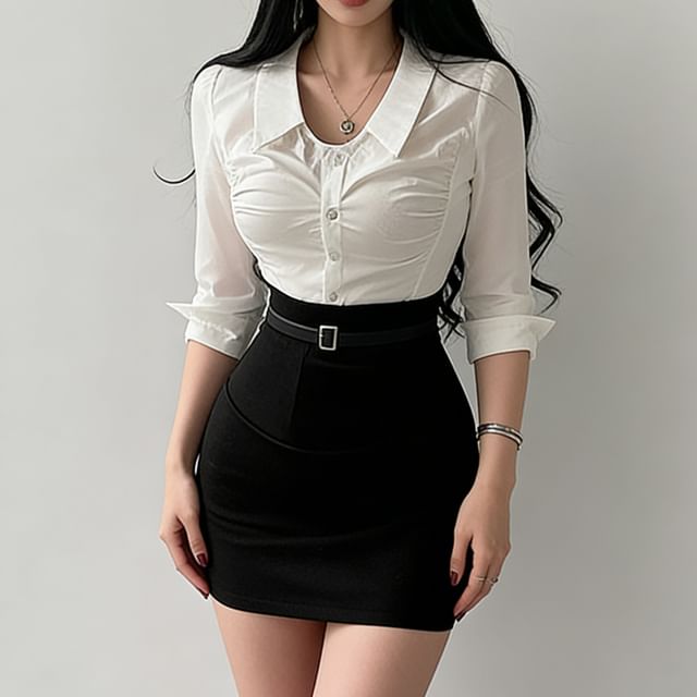 RainGirl-34 Sleeve Collared Plain Ruched Shirt