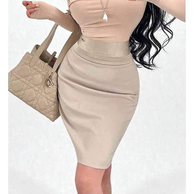 RainGirl-High Waist Plain Pencil Skirt
