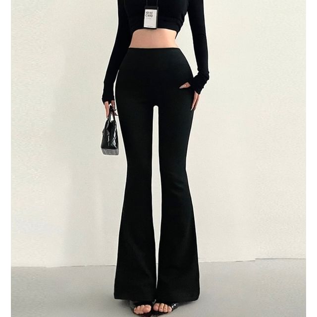 RainGirl-High Waist Plain Slim-Fit Boot-Cut Pants