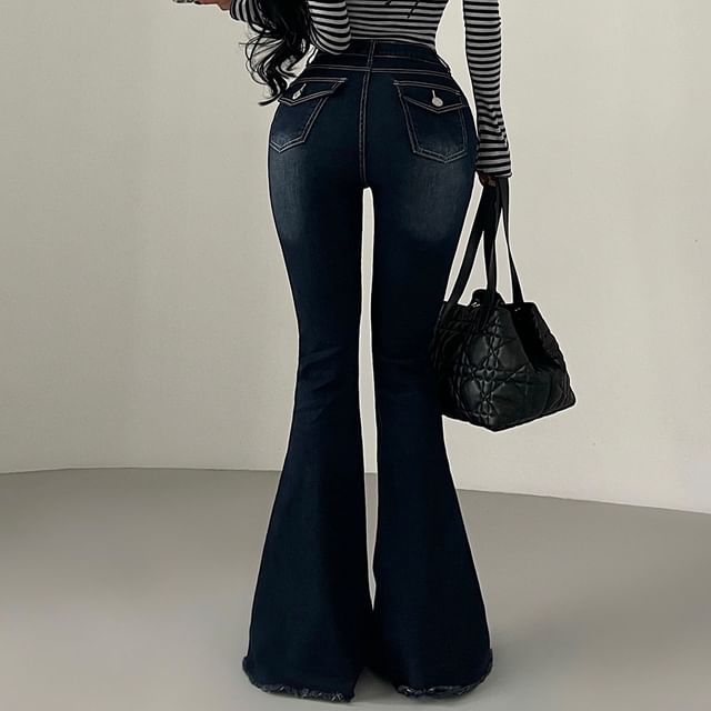 RainGirl-High Waist Washed Flared Jeans