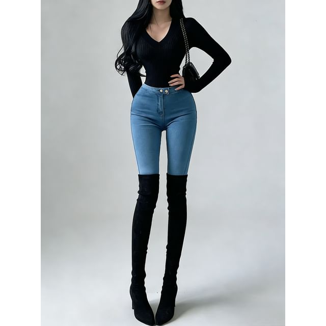 RainGirl-High Waist Washed Skinny Jeans