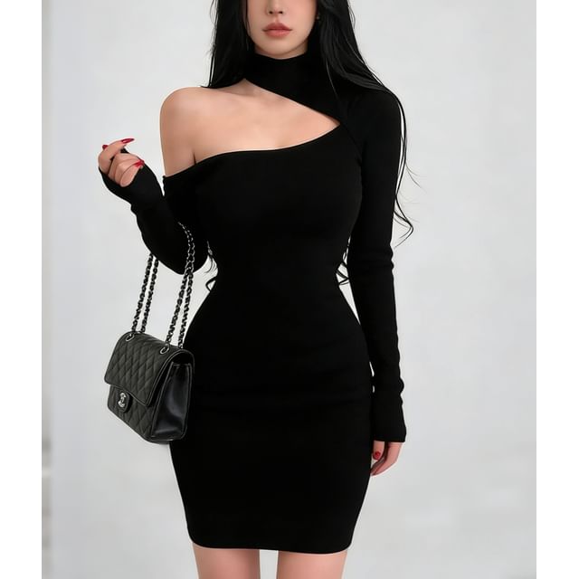RainGirl-Long Sleeve Cold Shoulder Plain Ribbed-Knit Mini Bodycon Dress