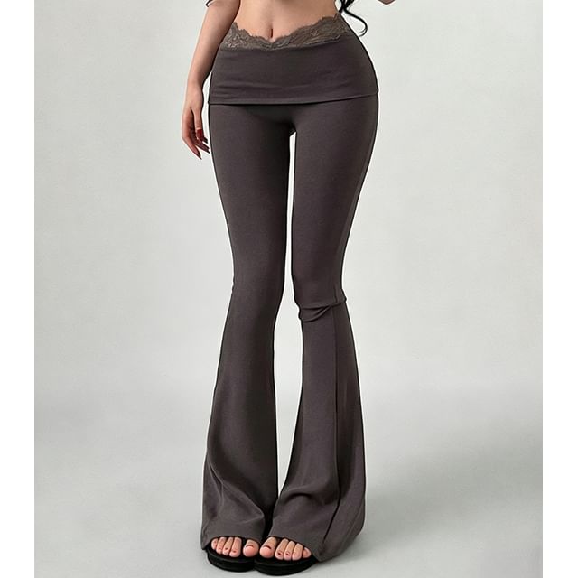 RainGirl-Mid Rise Plain Panel Lace Flared Pants