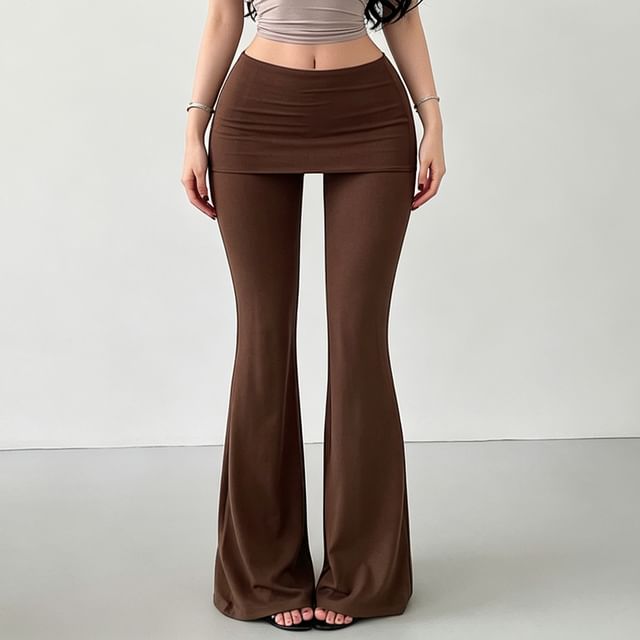 RainGirl-Mid Rise Plain Skirt Overlay Flared Pants