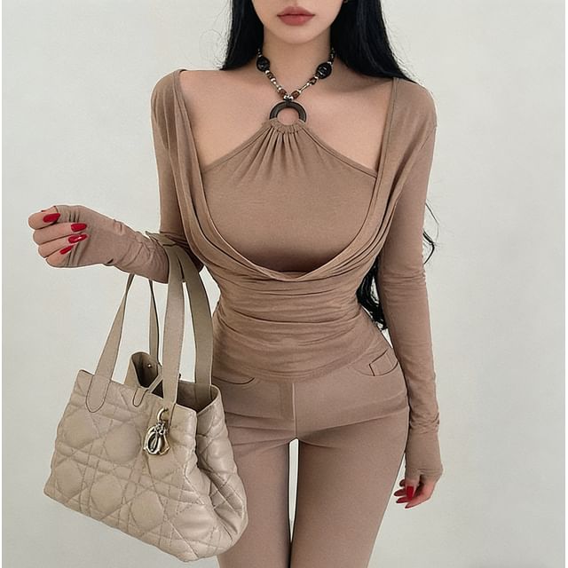 RainGirl-Mock Two-Piece Long-Sleeve Beaded Plain Top