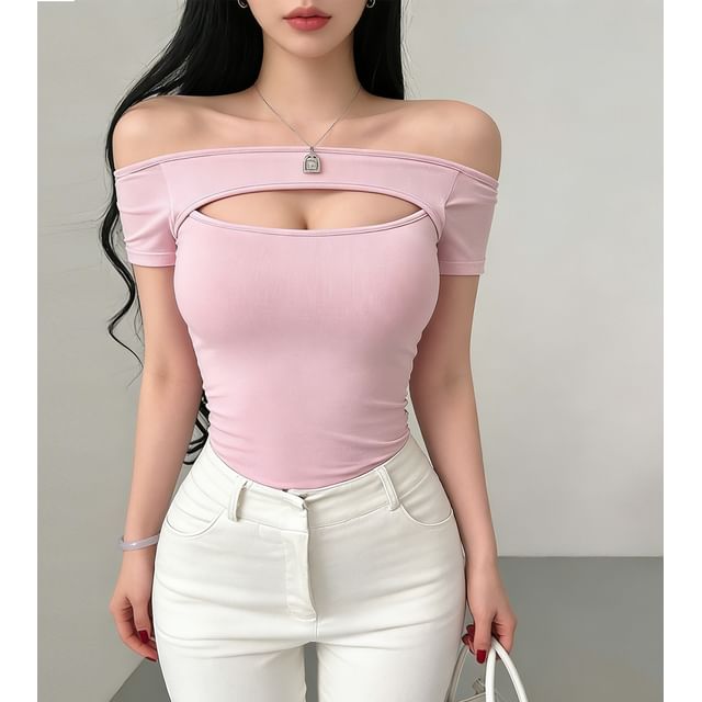 RainGirl-Short Sleeve Off Shoulder Plain Cutout Top