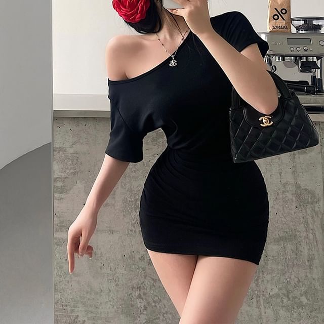 blue dress for baby girl Burgundy Off The Shoulder Short Sleeve Ribbed Bodycon Dress main image 1
