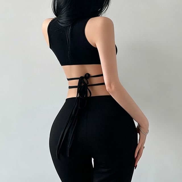 RainGirl-Sleeveless Mock Neck Plain Cutout Tie Back Top