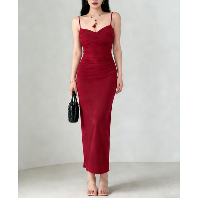 RainGirl-Spaghetti Strap Cowl Neck Plain Ruched Open-Back Midi Bodycon Dress
