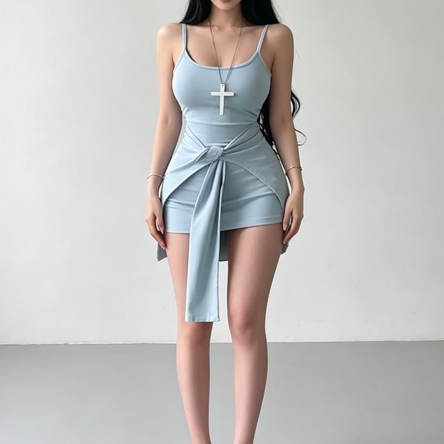 RainGirl-Spaghetti Strap Plain Tie-Up Mock Two Piece Padded Mini Sheath Dress