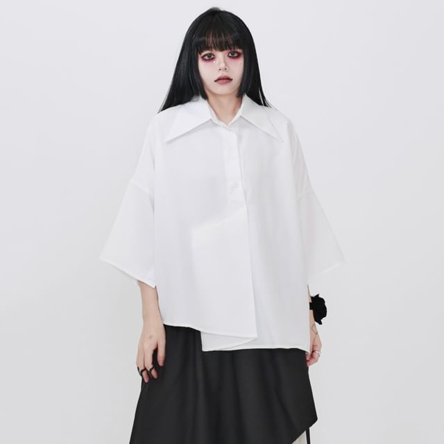 Ravenstem-34-Sleeve Plain Asymmetrical Oversized Shirt