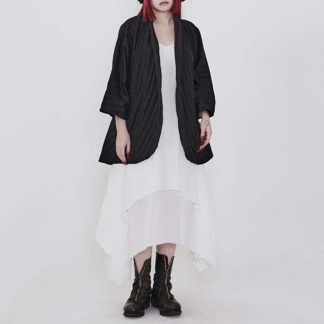 Ravenstem-34-Sleeve V-Neck Plain Pleated Button Up Jacket