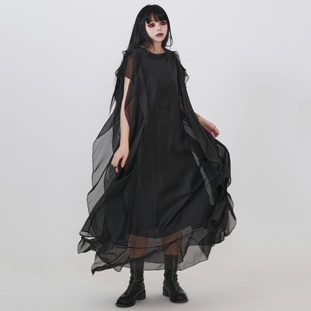 Ravenstem-Cap-Sleeve Round Neck Plain Ruffle Mesh Panel Midi A-Line Dress