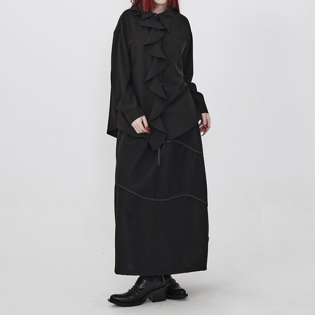 Ravenstem-Long-Sleeve Collared Plain Ruffle Trim Shirt