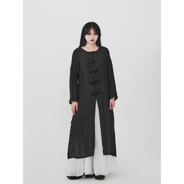 Ravenstem-Long-Sleeve Crew Neck Plain Frog Buttoned Slit Tunic