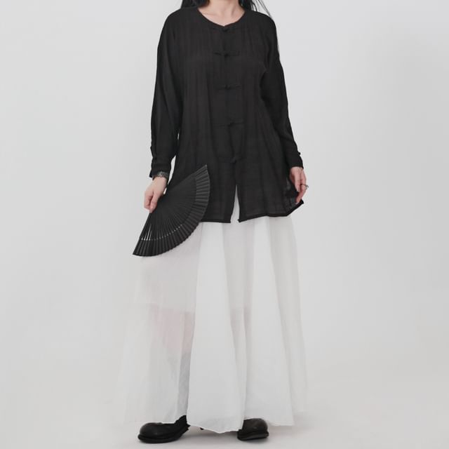 Ravenstem-Long-Sleeve Round Neck Plain Knot Button Up Blouse