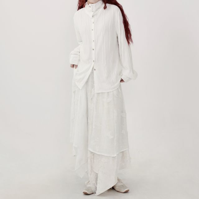 Ravenstem-Long-Sleeve Stand Collar Plain Ribbed Shirt