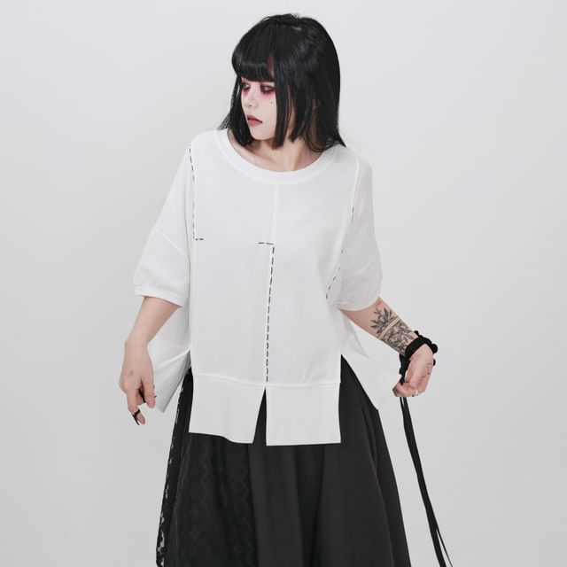 Ravenstem-Mock Two-Piece Elbow-Sleeve Crew Neck Contrast Stitching Slit T-Shirt