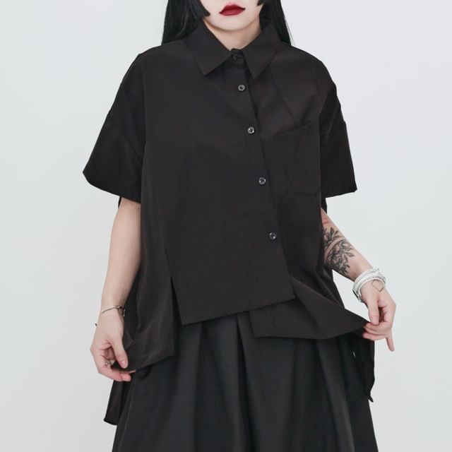 Ravenstem-Short-Sleeve Collared Plain Asymmetrical Button Up Shirt