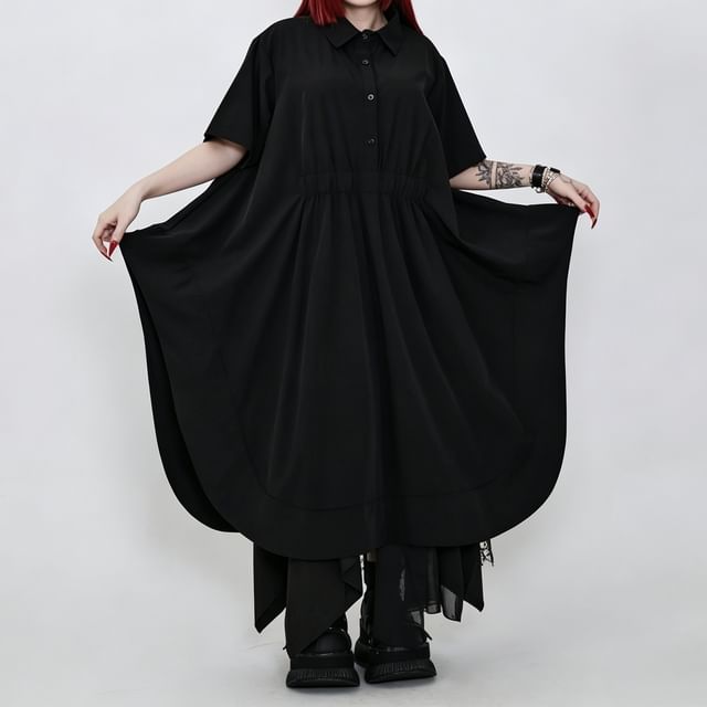 Ravenstem-Short-Sleeve Collared Plain Button Up Ruched Midi Shirt Dress