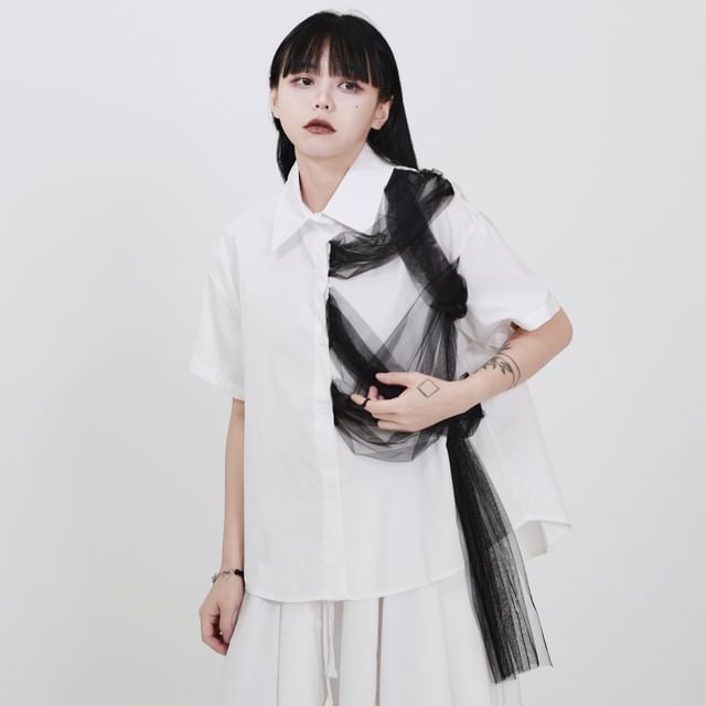 Ravenstem-Short-Sleeve Collared Plain Button Up Shirt
