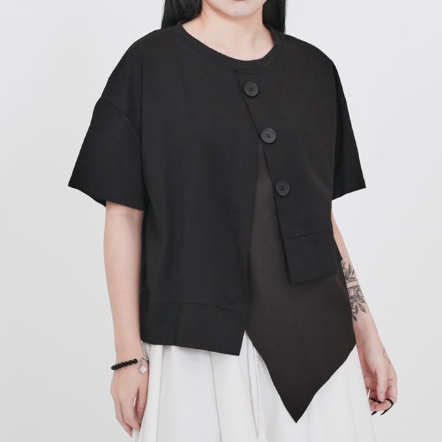 Ravenstem-Short-Sleeve Crew Neck Plain Panel Button Up T-Shirt