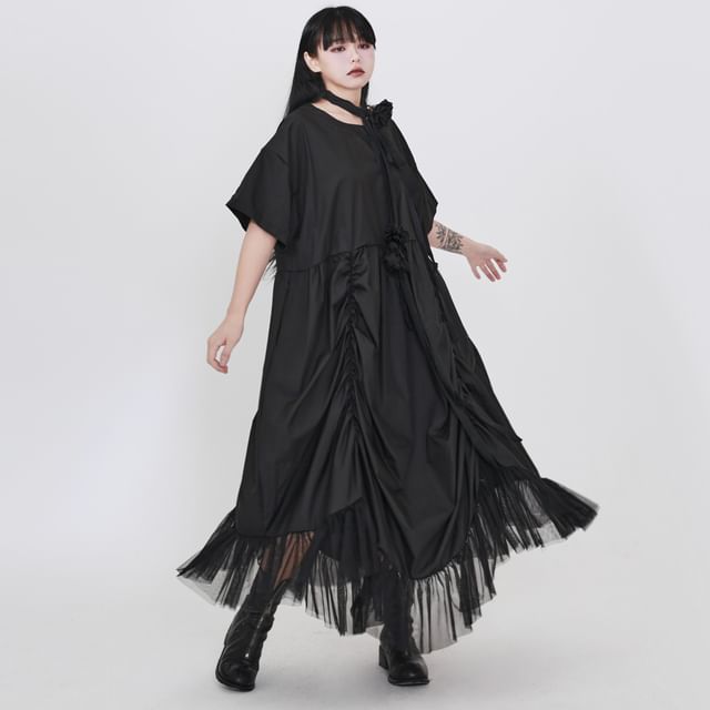 Ravenstem-Short-Sleeve Round Neck Plain Ruched Asymmetrical Mesh Panel Midi A-Line Dress