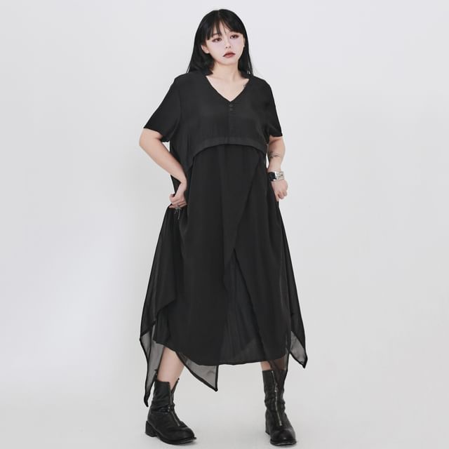 Ravenstem-Short-Sleeve V-Neck Plain Asymmetrical Mesh Panel Midi A-Line Dress