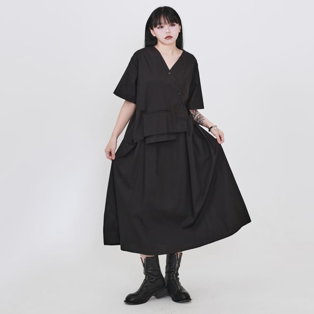 Ravenstem-Short-Sleeve V-Neck Plain Asymmetrical Panel Midi A-Line Dress