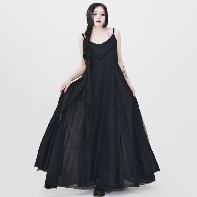 Ravenstem-Spaghetti Strap Plain Asymmetrical Maxi A-Line Dress