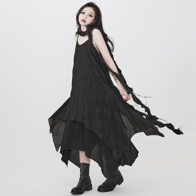 Ravenstem-Spaghetti Strap Plain Asymmetrical Midi A-Line Dress